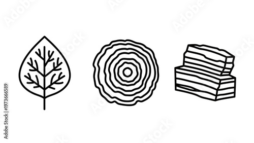 Set of nature and forestry icons featuring a tree leaf internal wood grain rings and stacked timber planks for construction and environment concepts