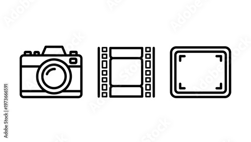 Multimedia photography and videography icons collection featuring dslr camera film strip and screen viewfinder