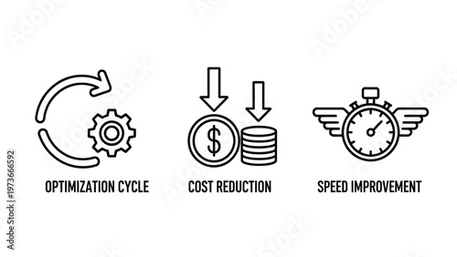 Business performance and financial efficiency icons illustrating optimization cycle cost reduction and speed improvement