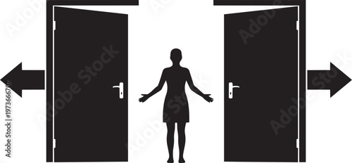 Silhouette of a woman standing between two open doors with arrows pointing in opposite directions, representing choice and decision