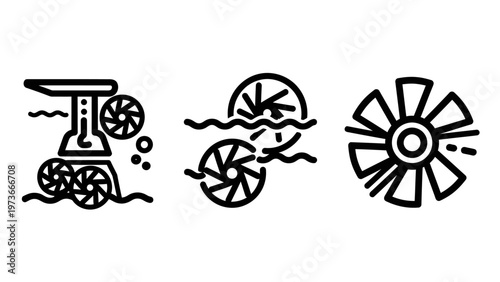 Hydropower turbine and water energy generation icons