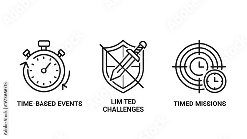Set of time management and gaming challenge icons in thin line style