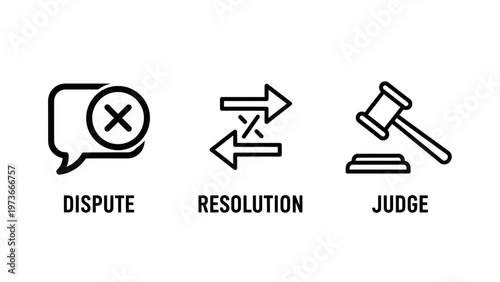 Legal and conflict resolution icons depicting dispute, resolution, and judge