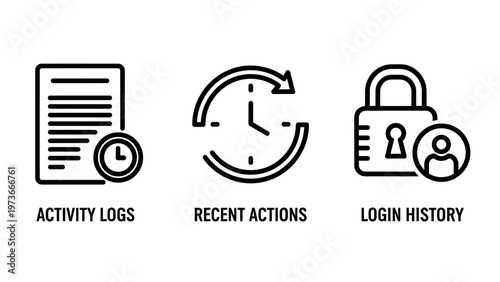 Data security and user management line icons for activity logs and login history