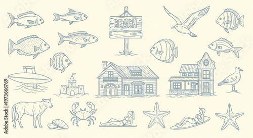 Beach line art icon set with fish seagull houses crab starfish coastal outline collection