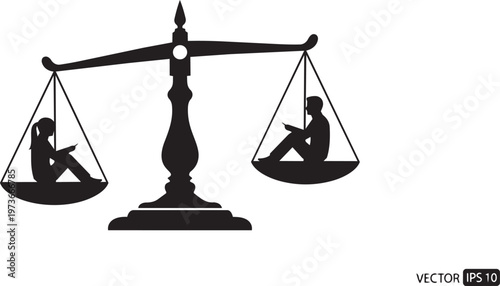 Silhouette of a man and a woman sitting on opposite sides of a balance scale, concept of gender equality or comparison