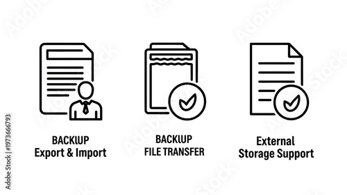 Data backup export import transfer and external storage support icons