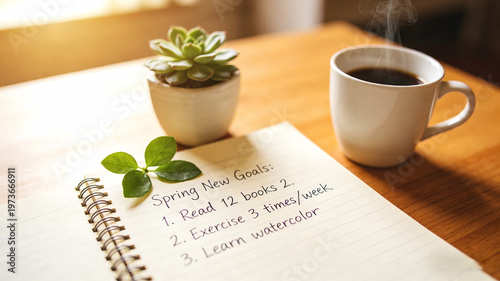 Spring goal setting with handwritten plans in notebook and coffee for personal growth