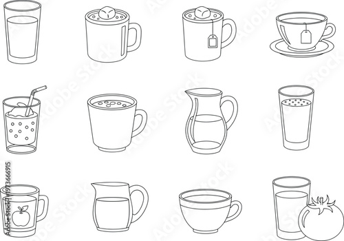 Hand drawn sketches of various drinks including coffee tea and juice in glasses and mugs