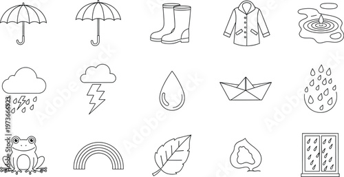 Set of black and white rainy weather icons featuring umbrellas boots a raincoat and a frog