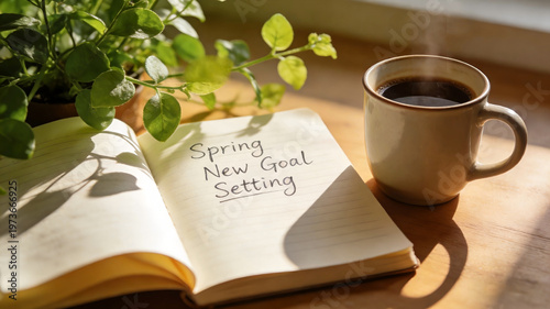 Spring goal setting with handwritten plans in notebook and coffee for personal growth