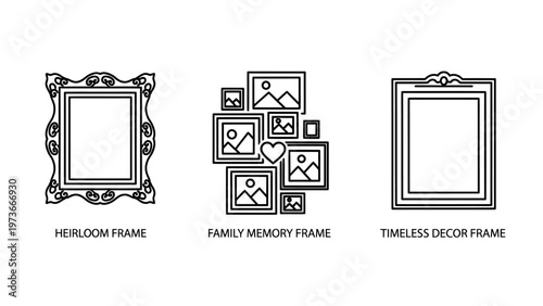 Decorative photo frame collections and wall art layouts