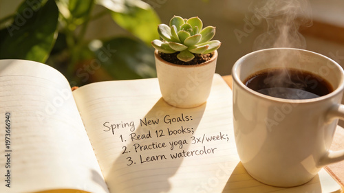 Spring goal setting with handwritten plans in notebook and coffee for personal growth