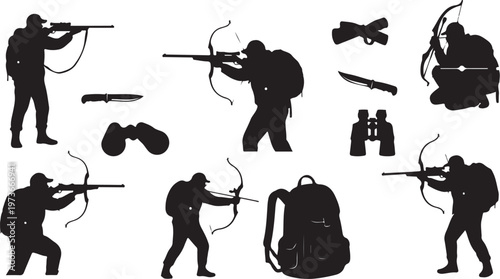 Hunting Silhouettes with Various Gear and Equipment Outdoors