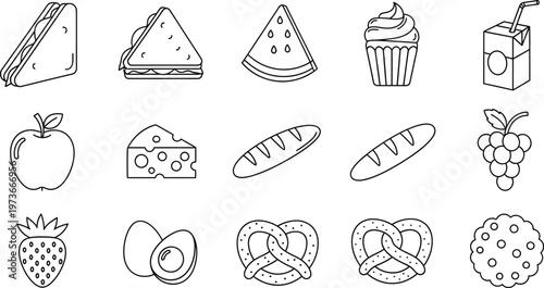 Collection of fifteen simple black and white line art food icons for coloring or design