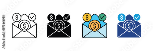 Envelope with dollar coins and checkmark icon set. Successful payment delivery and financial money transfer confirmation concept.