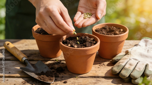Hands planting seeds in pots during spring gardening for growth and nurturing concept