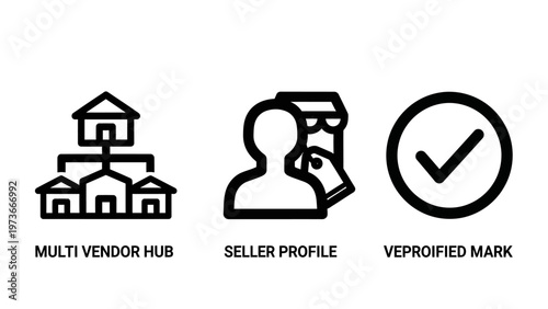 Business marketplace and verification icons with multi vendor hub and user profile concepts with e commerce