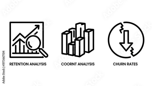 Set of analytical line art icons representing retention analysis, cohort analysis, and churn rates in business data