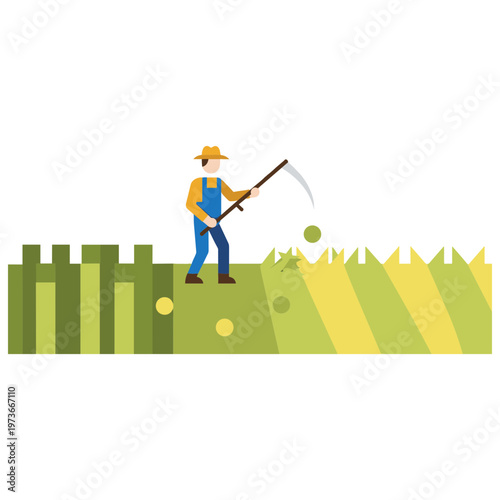 A farmer actively harvesting crops in a sunny field with a fence.