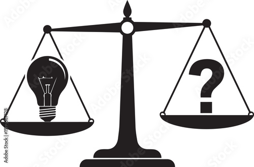 Conceptual illustration of a balance scale with a light bulb on one side and a question mark on the other