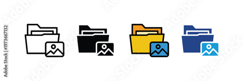 File folder with photo thumbnail icon set. Digital image gallery storage, photography archive organization, and media file management symbol.