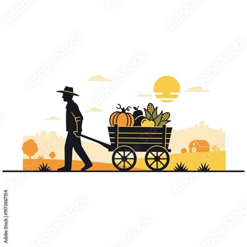 Man pulling a cart with vegetables through a rural landscape at sunset