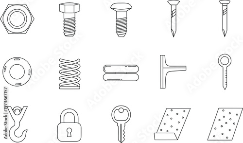 Collection of hardware and fastener icons including bolts, nuts, nails, and tools in line art style.
