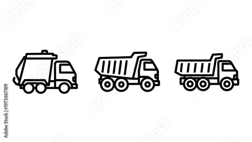 Collection of construction and transport vehicle icons including garbage truck and dump trucks