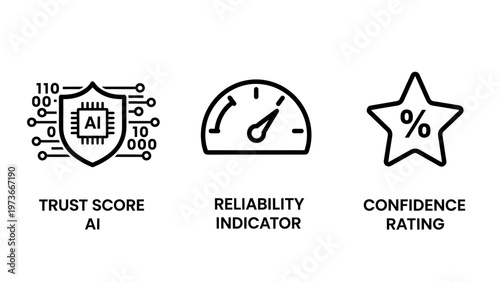 Ai trust score, reliability indicator, and confidence rating icons for digital technology analysis