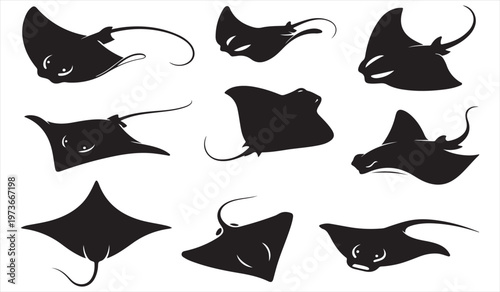 Black stingray icon collection with aquatic sea life animal silhouettes
