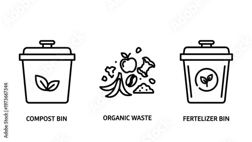 Organic waste composting and sustainable fertilizer bin icons with bio waste