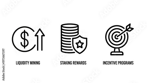 Set of cryptocurrency and financial incentive icons for liquidity mining staking rewards and incentive programs