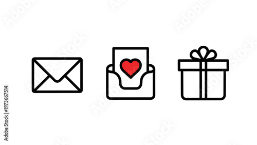 Minimalist line icons set featuring envelopes and gift boxes for gifting concepts