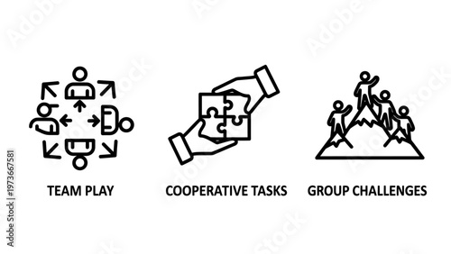 Teamwork and collaboration icon set for corporate strategy and group challenges