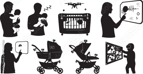 Silhouette icons of parents and children with technology devices