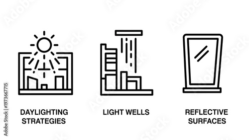 Set of daylighting and building energy efficiency line icons