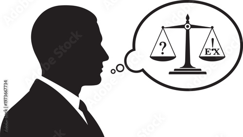 Silhouette of a man thinking about justice and law with a scale icon containing a question mark and an exclamation mark
