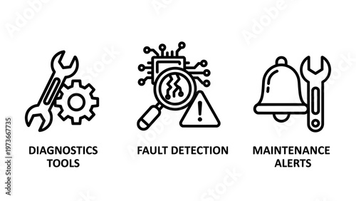 Industrial maintenance and diagnostics tool line icon set