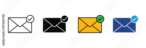 Envelope with checkmark success icon vector set. Email delivered confirmation, message sent notification, and verified communication symbol. Vector Illustration.