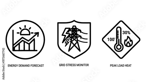 Energy consumption and grid load monitoring line icon set