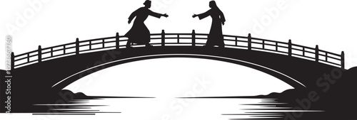Silhouette of two people meeting on a traditional arched bridge over water, representing connection, reunion, or a romantic encounter