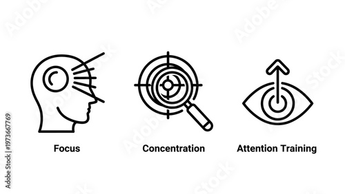 Focus and concentration training icons for cognitive development and mental attention