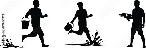 Three silhouettes carrying water buckets in dynamic motion