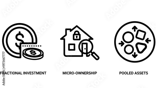 Financial investment icon set: fractional investment, micro ownership and pooled assets