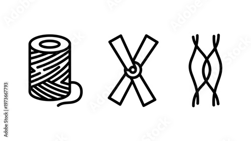 Set of fiber and textile manufacturing icons showing a spool of thread, woven machine parts, and twisted natural fibers