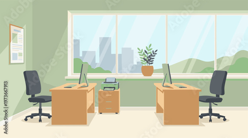 Contemporary office interior with two workstations, computers and city view