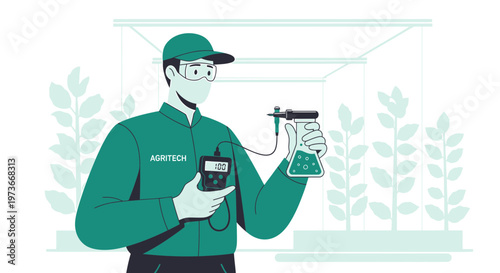 Agritech Scientist in Lab Coat Analyzing Plant Growth in Greenhouse