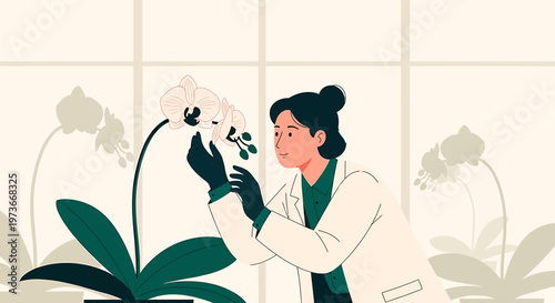 Botanist examining orchid flower in greenhouse, scientific research, plant science