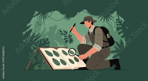 Botanist studying leaves in jungle, magnifying glass, research, exploration, nature, science